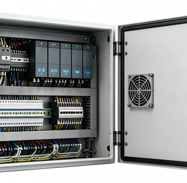 An open electrical control panel showing PLC modules, circuit breakers, and organized wiring.