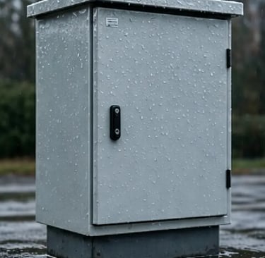 A weatherproof grey electrical enclosure outdoor cabinet standing in rain with water droplets.
