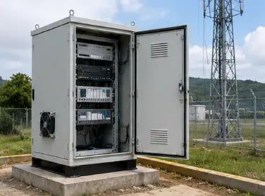 Outdoor telecommunications equipment rack in an open weatherproof server cabinet near a cell tower.