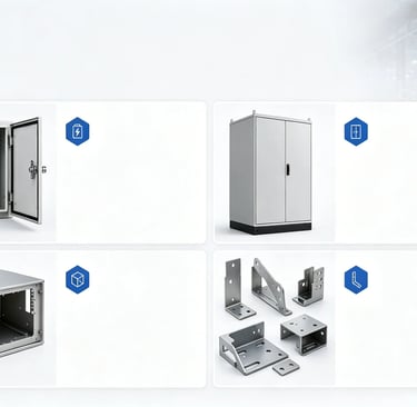 Industrial electrical enclosures, metal cabinets, and mounting brackets for power distribution.