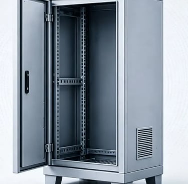 Durable metal server rack enclosure with an open front door for IT data centers.