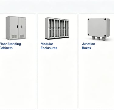 Collection of industrial electrical enclosures, floor standing cabinets, and junction boxes.