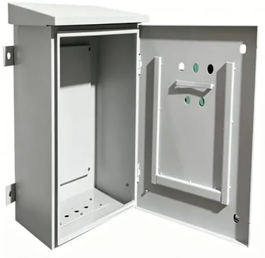 Durable wall-mounted grey metal electrical enclosure with open door for industrial equipment protection.