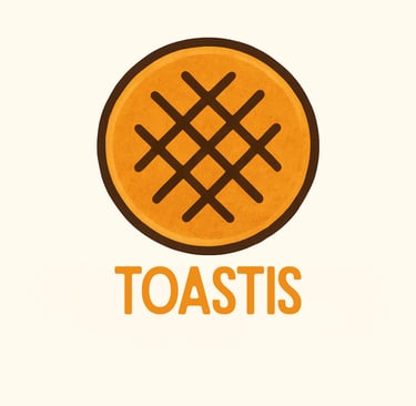 Minimalist Toastis logo featuring a golden-brown toasted sandwich icon with dark grill marks.