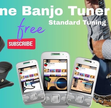 A free online banjo tuner app displayed on smartphones next to a happy  banjo player.