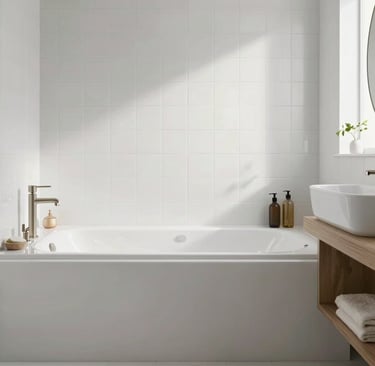 Luxurious bathroom showcasing large-format Algerian stone-effect tiles with natural texture