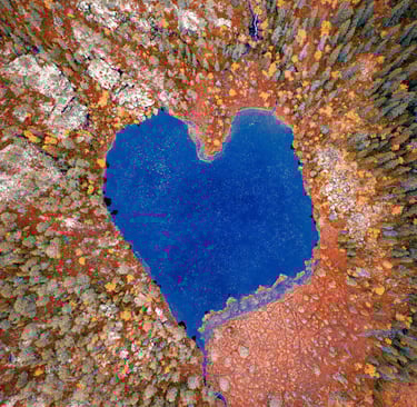 Aerial view of a heart-shaped blue lake surrounded by autumn forest with orange and green trees.