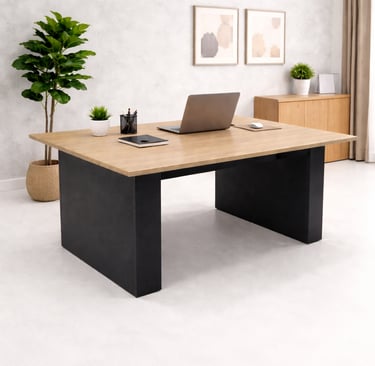 Modern wooden executive desk with black metal legs and a laptop in a bright home office setting.