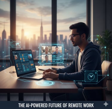 Wide professional banner of a futuristic AI customer support agent with a digital avatar and floatin