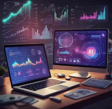 Professional AI accounting dashboard on a laptop with holographic financial charts and digital calcu