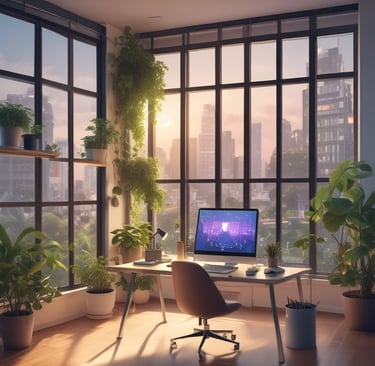 Modern home office banner with AI productivity tools on screen representing the future of remote wor