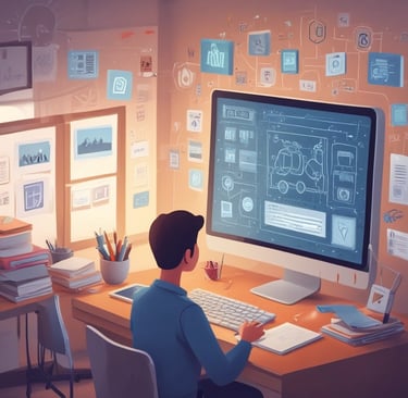 "Modern student studying with AI productivity apps on a laptop and tablet, showing glowing icons of 