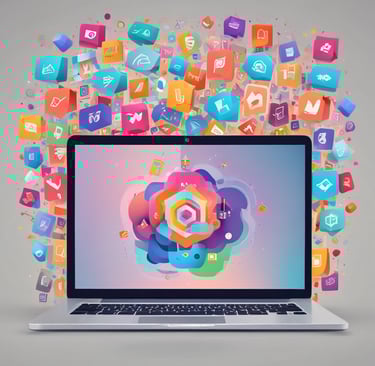 Creative no-code platform visualization showing drag-and-drop app building blocks around a laptop an