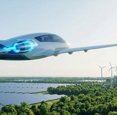 Futuristic electric passenger aircraft flying over a sustainable landscape with solar panels represe