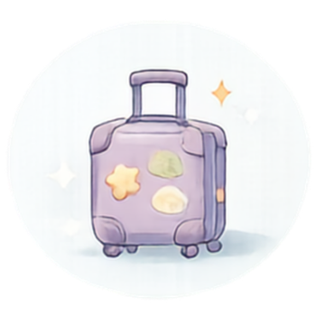Purple travel suitcase with stickers and stars in a soft watercolor illustration style.