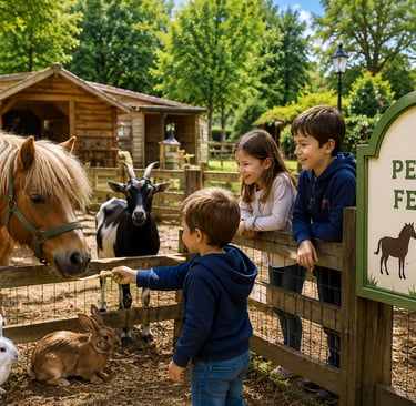 Children feeding a pony, goat, and rabbits at La Petite Ferme petting zoo.