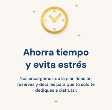 Gold glitter clock icon with Spanish text about saving time and stress-free event planning services.