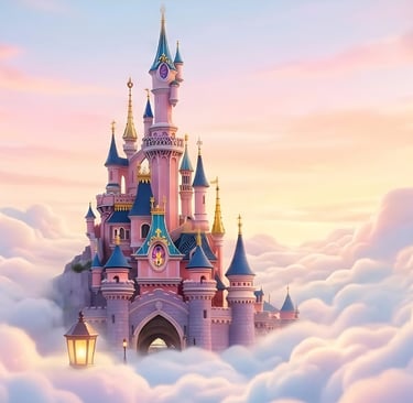 A pink fairy tale castle with blue spires floating above a sea of soft white clouds at sunset.