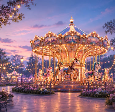 Illuminated vintage carousel with horses in a magical park at sunset with fairy lights.