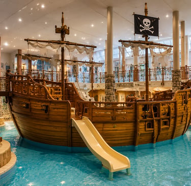 A large wooden pirate ship with a slide in an indoor swimming pool at a luxury water park.