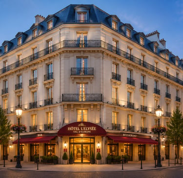 Elegant exterior view of Hotel l'Elysee Val d'Europe with classic French architecture at twilight.