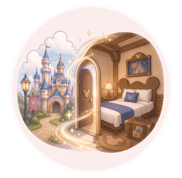 Magical portal connecting a cozy Disney-themed bedroom to a fairytale castle with pixie dust.