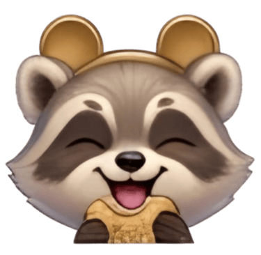 A cute cartoon raccoon emoji with a happy smile wearing gold bear ear headphones on a black background.