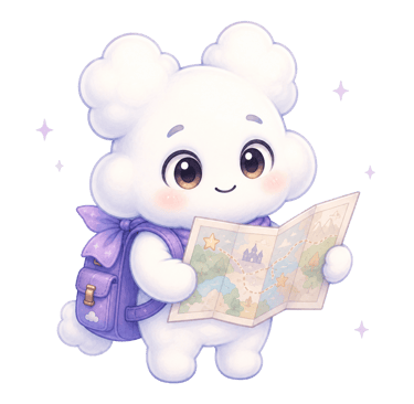 Cute white cloud character wearing a purple backpack and holding a fantasy treasure map.