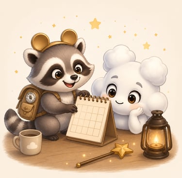 Cute raccoon with a backpack and a fluffy white cloud character planning on a desk calendar.
