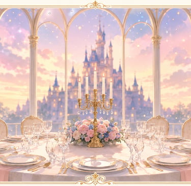 Elegant banquet table set for dinner with a golden candelabra overlooking a fairy tale castle sunset.