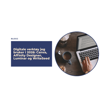Person typing on a laptop with coffee, featuring text about digital tools like Canva and Affinity Designer.
