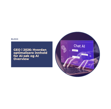 Blog post graphic about GEO in 2026 and AI Overview with hands typing on a laptop and chat interface.