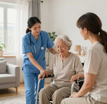A professional, realistic healthcare image showing a diverse group of people receiving home care sup