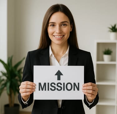 Business woman holding a mission sign in a modern office environment