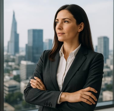 Confident businesswoman in formal suit standing with folded arms in front of a city skyline.