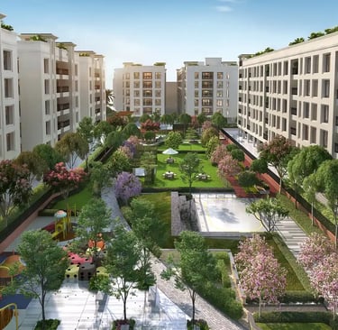 Premium Chennai apartment complex with landscaped garden, kids play area and open green spaces