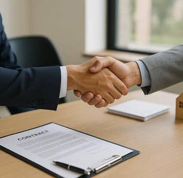 Business handshake over a signed contract on a desk, symbolizing a successful real estate agreement