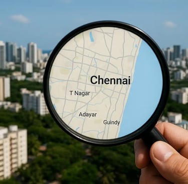 Magnifying glass highlighting Chennai map with city skyline in the background