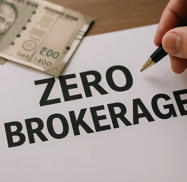 Zero brokerage text with Indian currency and a hand holding a pen