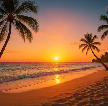 a tropical sandy beach at sunset