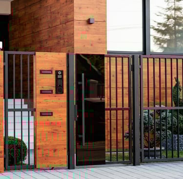 portail et grille devant bâtiment moderne