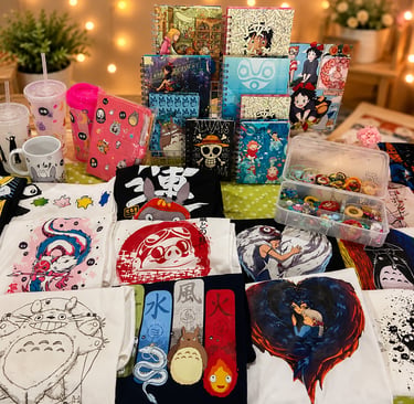 Colección de productos de Studio Ghibli que incluye playeras de Totoro, libretas de anime  en un baz