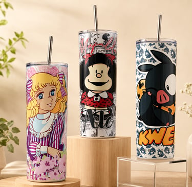 Juego de tres termos con temática de anime, con diseños de Candy Candy, Mafalda y P-chan