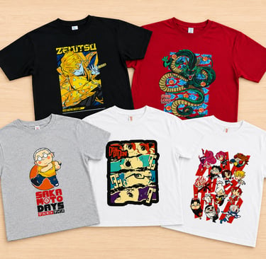 Conjunto de playeras de diferente colores con impresos de animes 
