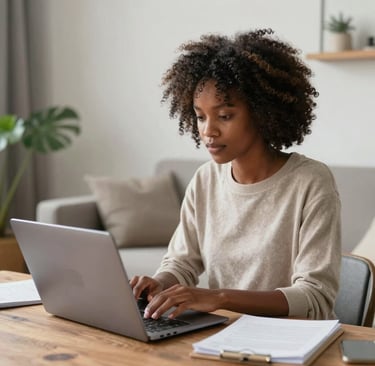 1 Black women collaborating on a project while using a laptop computer at home.