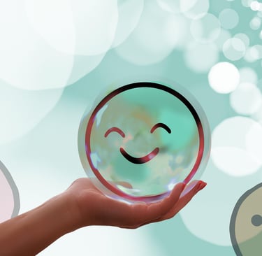 a person holding a smiley face in front of a blue background