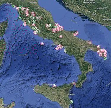 a Google map view of Italy with location pins scattered throughout