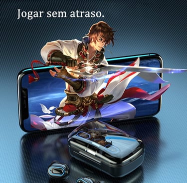 "Fone gamer M10 ao lado de celular demonstrando baixa latência em jogos."