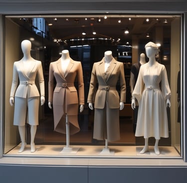 Vitrine de loja de roupas com manequins bem vestidos.
