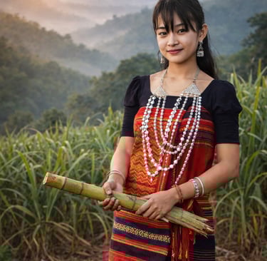 Chakma woman in traditional pinon and hadi holding sugarcane in the Chittagong Hill Tracts